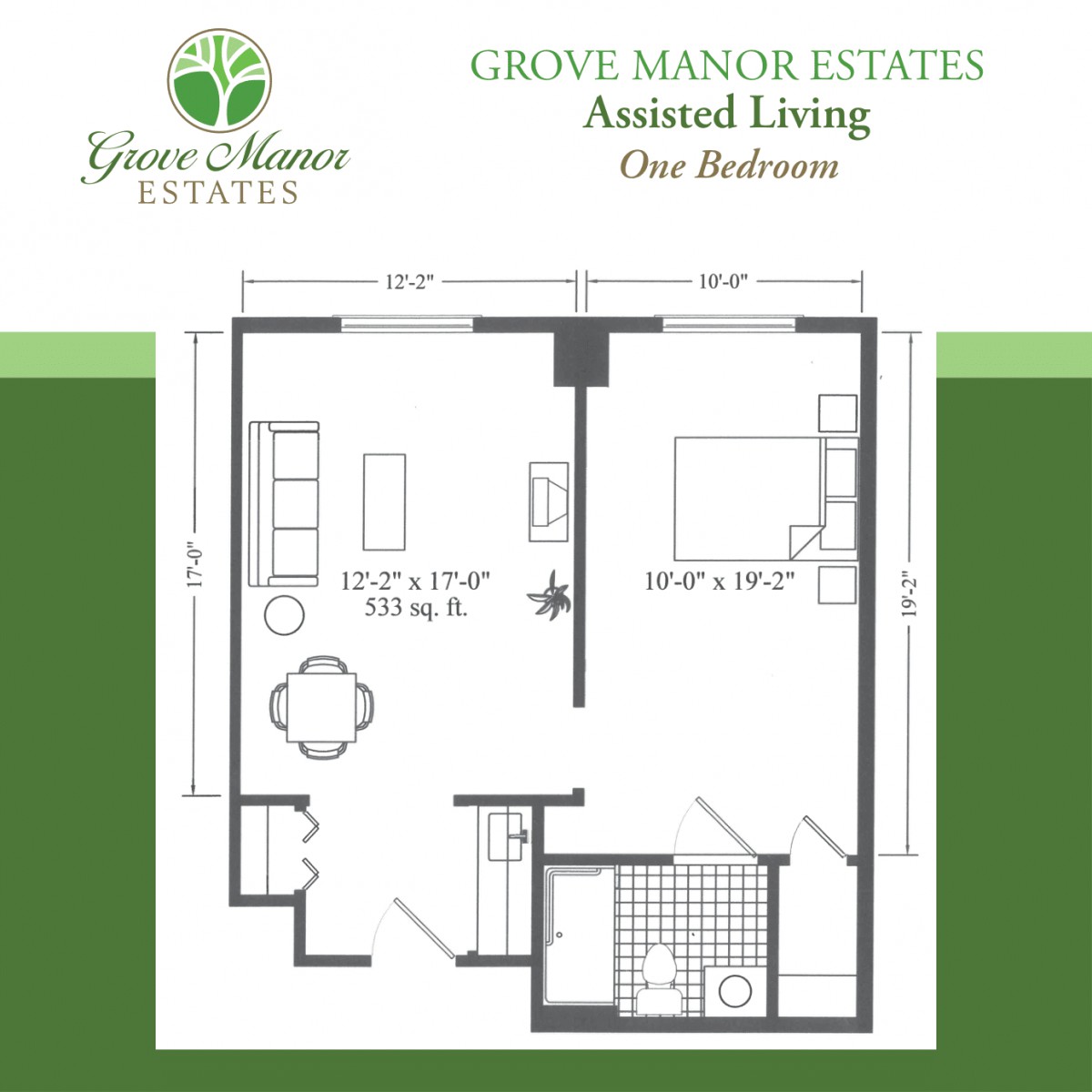 Floor plan for a one-bedroom assisted living apartment at Grove Manor Estates.