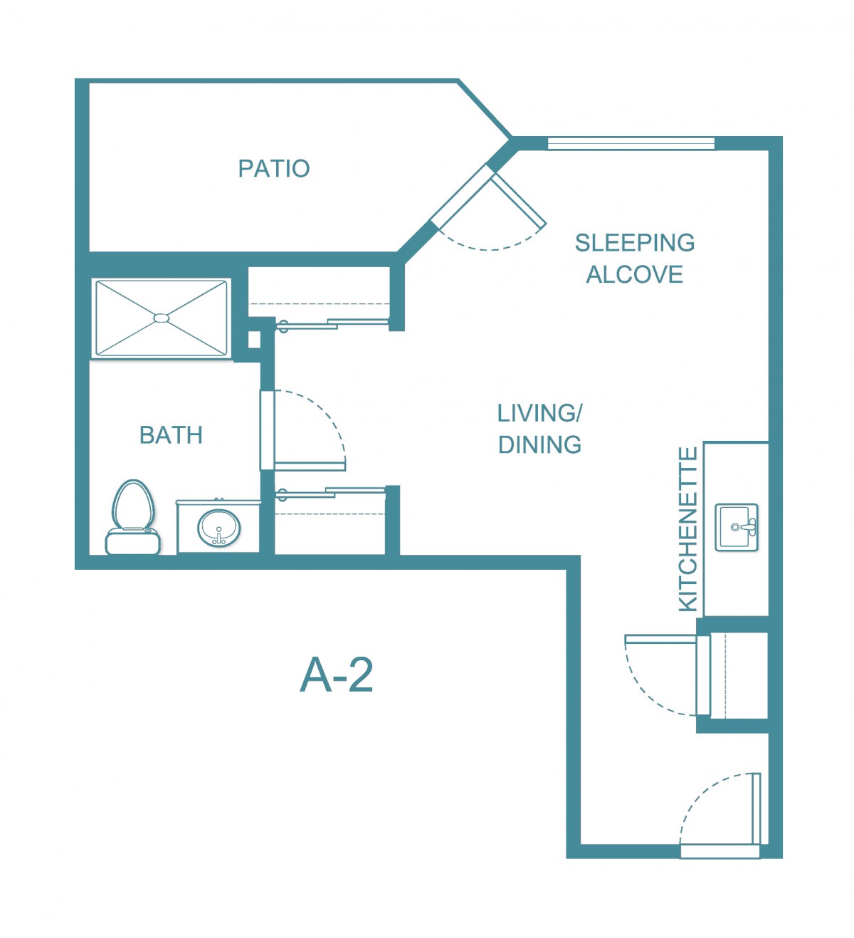 A floor plan of a small apartment featuring a living/dining area, sleeping alcove, kitchenette, bath, and a patio.