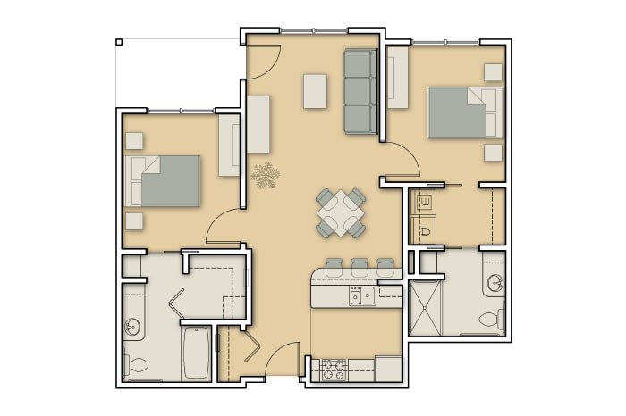 A detailed floor plan of an apartment featuring two bedrooms, a living room, a kitchen, and two bathrooms.
