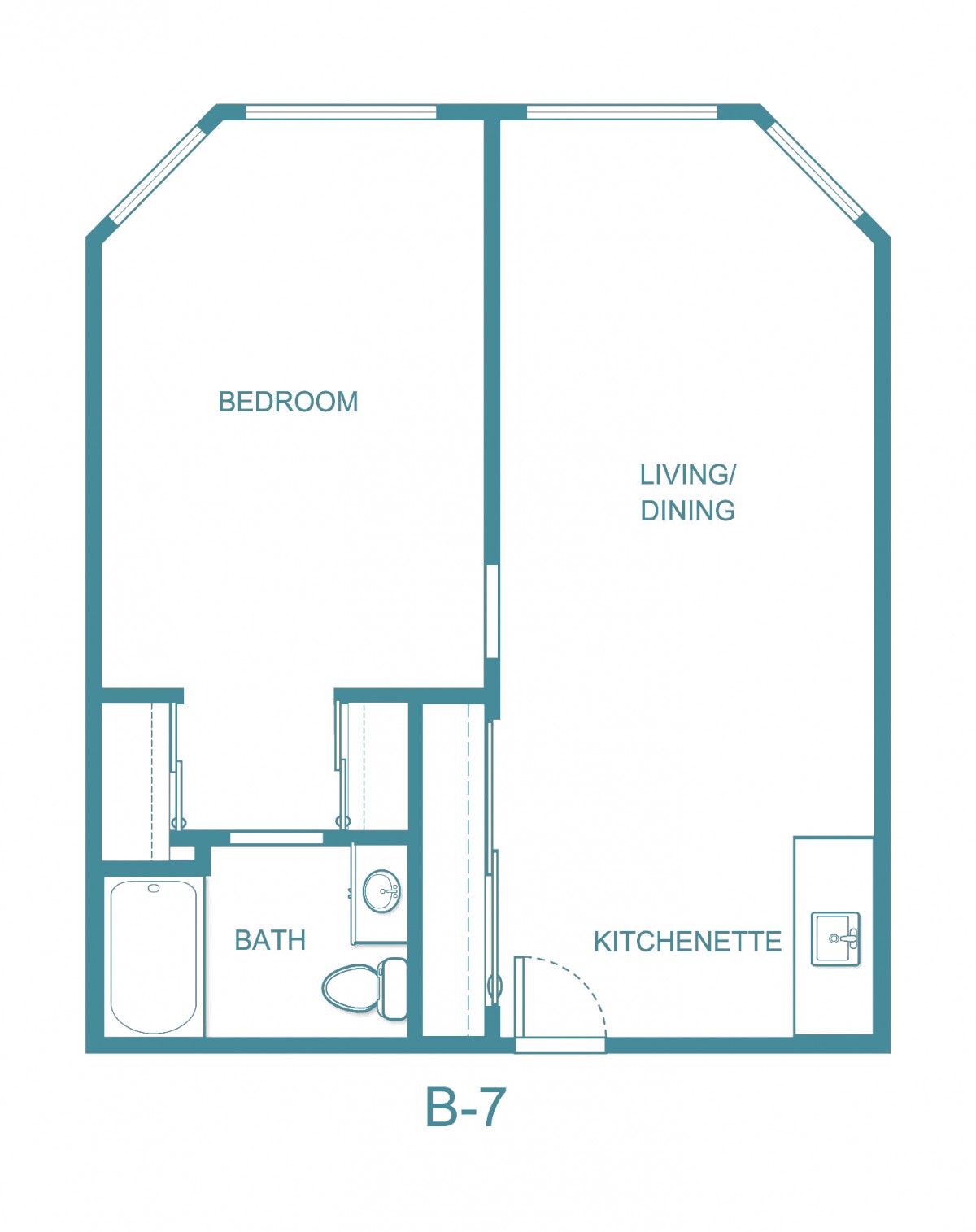 A simple floor plan of a one-bedroom apartment featuring a living/dining area, kitchenette, bathroom, and bedroom.
