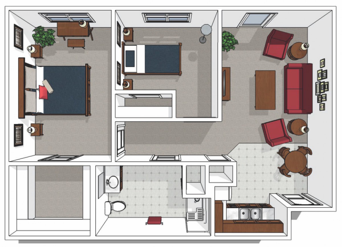 A 2-bedroom apartment floor plan featuring a living room, kitchen, and bathroom.