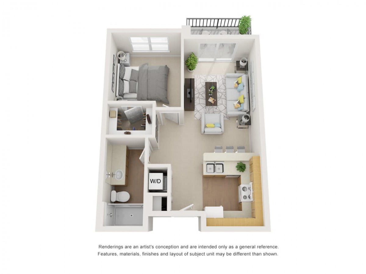 A 3D floor plan of a one-bedroom apartment featuring a living room, kitchen, bathroom, and balcony.