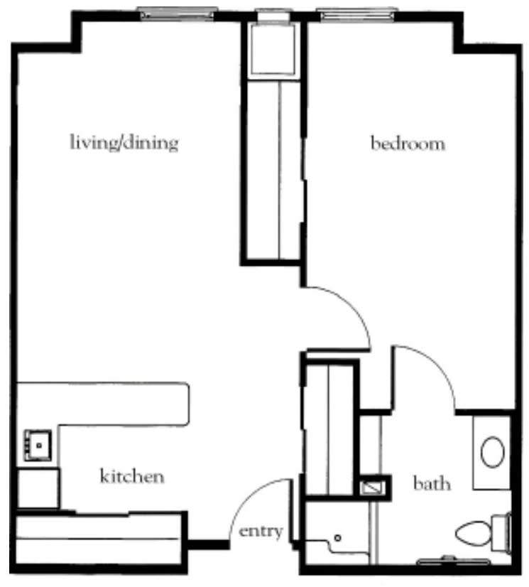 A basic floor plan depicting a single-bedroom apartment layout.