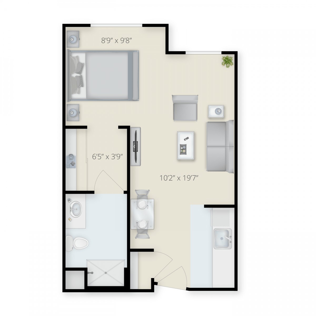 A floor plan of a one-bedroom apartment including a kitchen, living room, and bathroom.