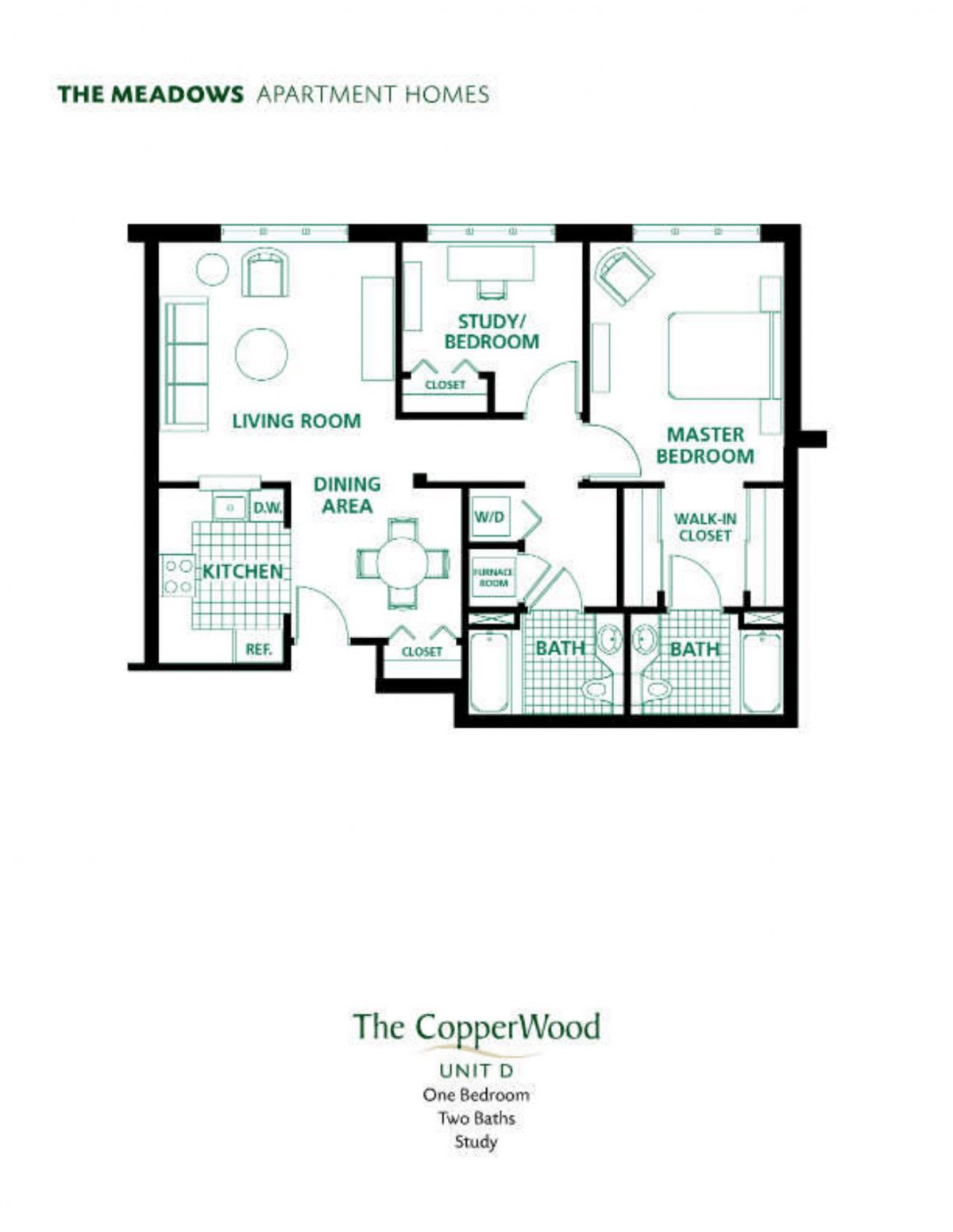 A floor plan layout of an apartment titled 'The Copperwood'.