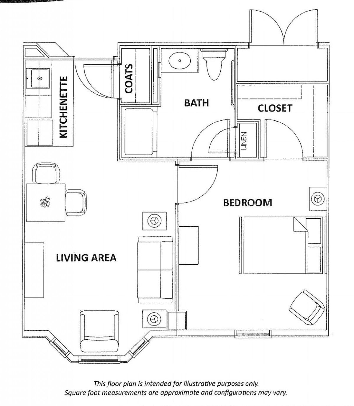 A floor plan of a one-bedroom apartment featuring a living area, kitchen, bathroom, and closet.
