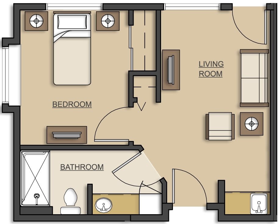 A floor plan showing the layout of an apartment with a bedroom, bathroom, and living room.