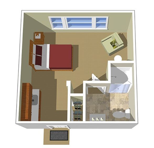 A 3D rendering of a bedroom floor plan featuring a bed, dresser, nightstand, chair, and en suite bathroom.