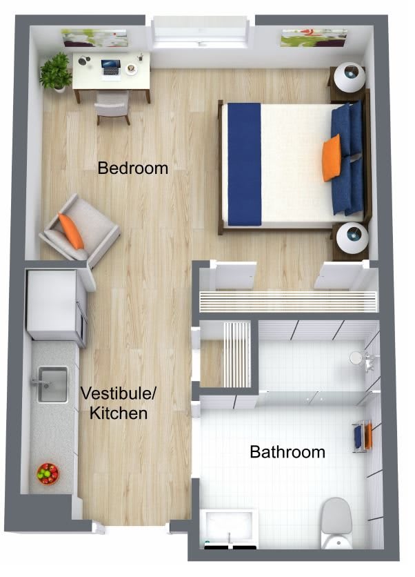 A 3D floor plan of a small apartment featuring a bedroom, vestibule kitchen, and bathroom.