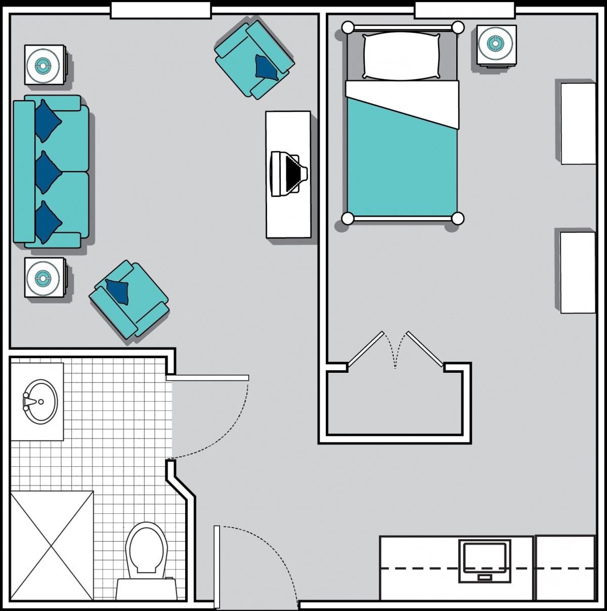 Floor plan of a compact apartment featuring a bedroom, living area, and bathroom.