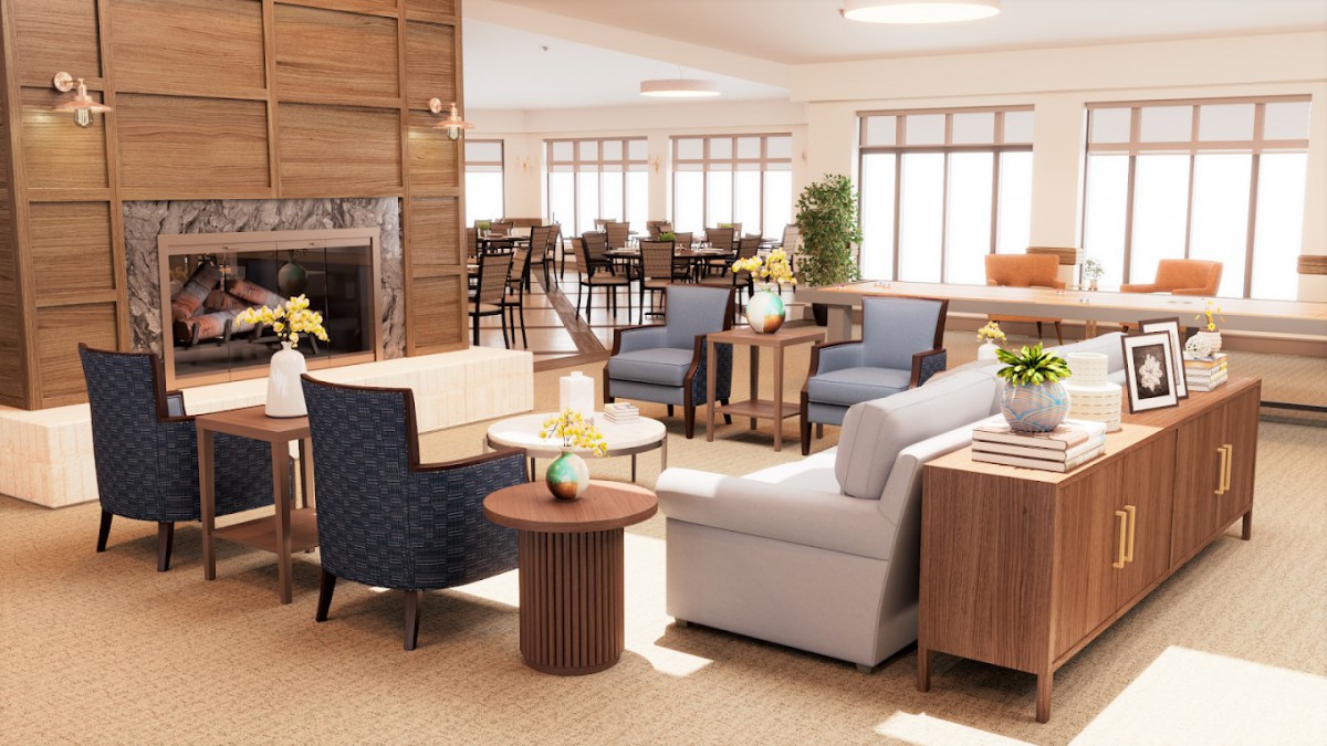 A modern and cozy lounge area with comfortable seating and natural light.