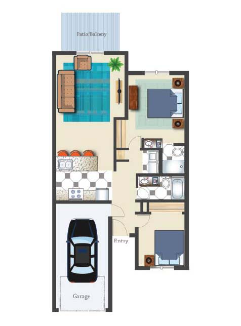 A detailed floor plan of a house with two bedrooms, kitchen, living area, and garage.