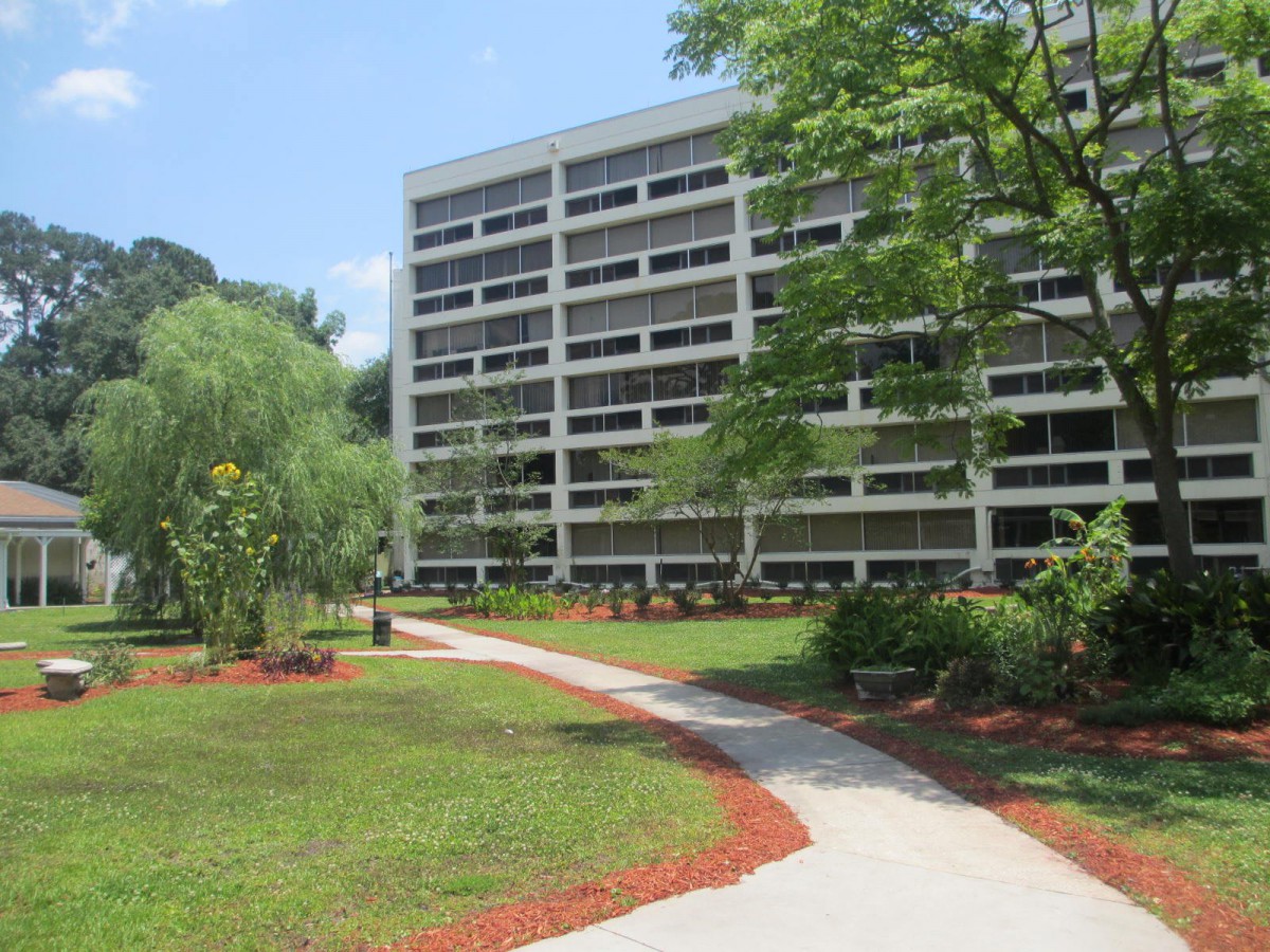 A modern multi-story building surrounded by greenery and a landscaped path.