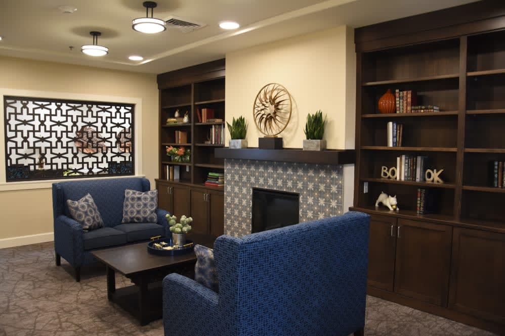 A cozy living room with blue sofas, a central fireplace, and neatly arranged bookshelves.