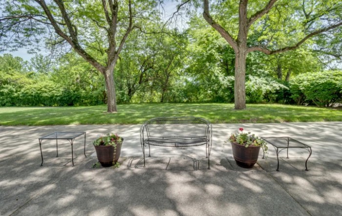 A tranquil patio with chairs overlooking lush green trees.