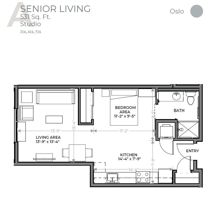A floor plan of a senior living apartment, featuring a bedroom, living area, kitchen, and bathroom.