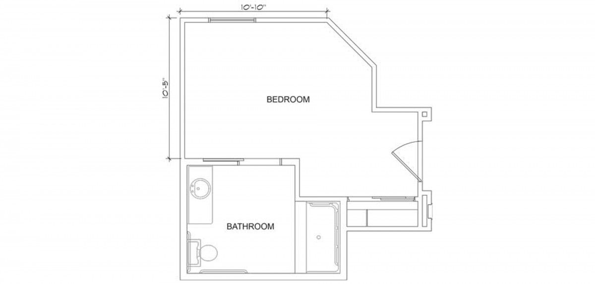 A floor plan featuring a bedroom and an attached bathroom.