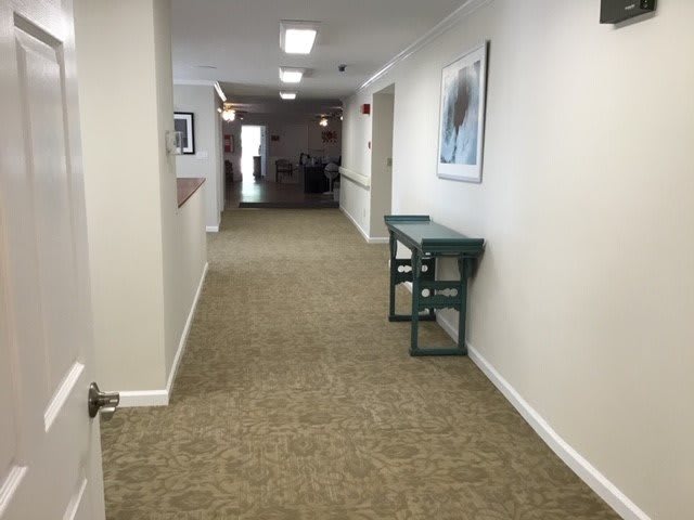 A well-lit hallway with carpet flooring and wall-mounted artwork.
