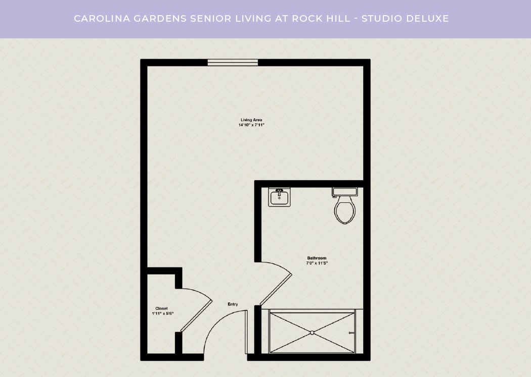 A floor plan of a studio apartment with a living area and bathroom.