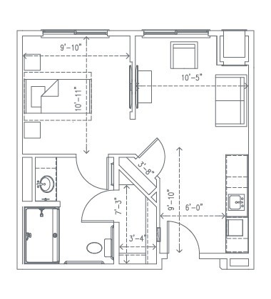 A detailed floor plan of a compact apartment showing the layout of rooms, including a bedroom, living area, kitchen, and bathroom.