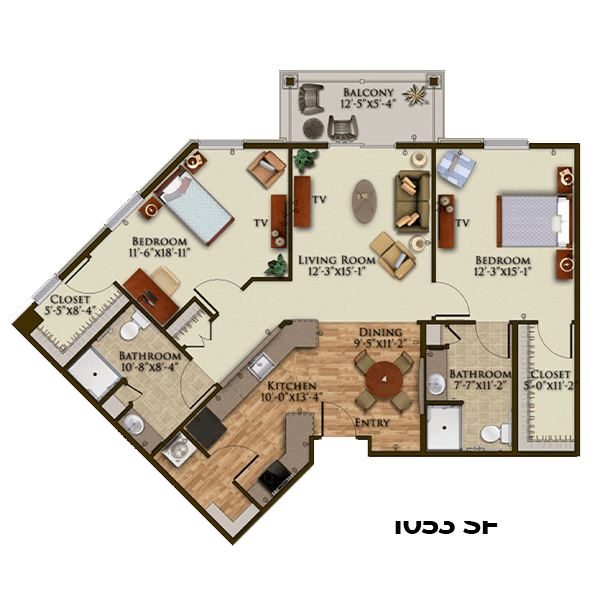 A detailed floor plan of a two-bedroom apartment featuring a living room, kitchen, and bathroom.