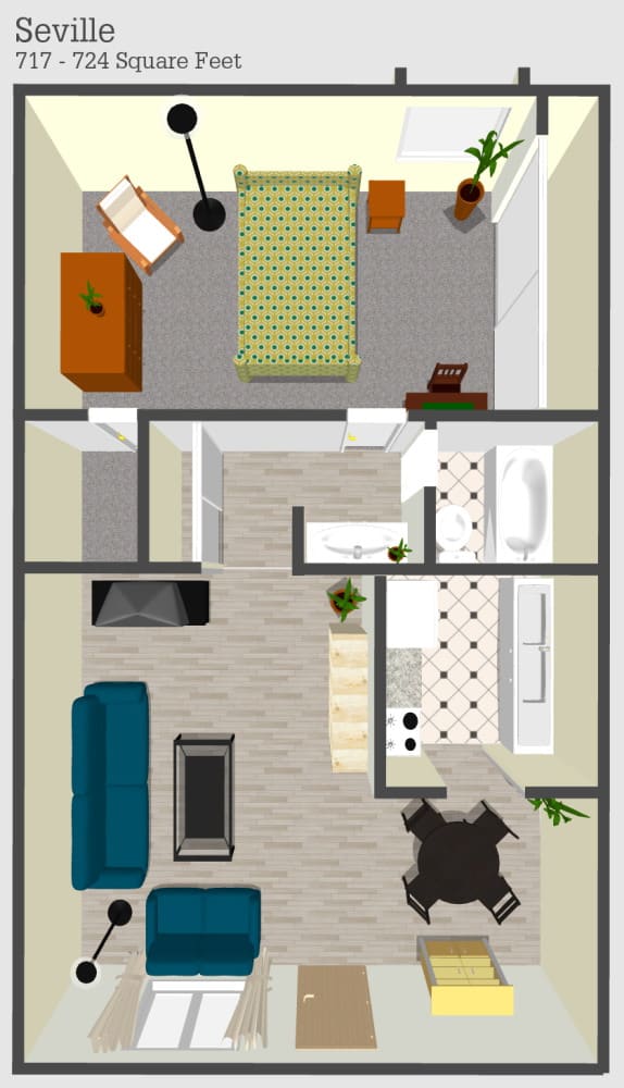 A detailed floor plan of a small apartment featuring a bedroom, living room, kitchen, and bathroom.