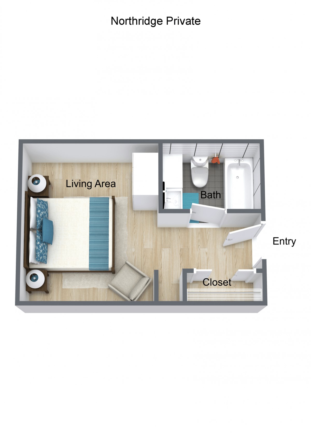 A studio apartment floor plan with a living area, bath, and closet.
