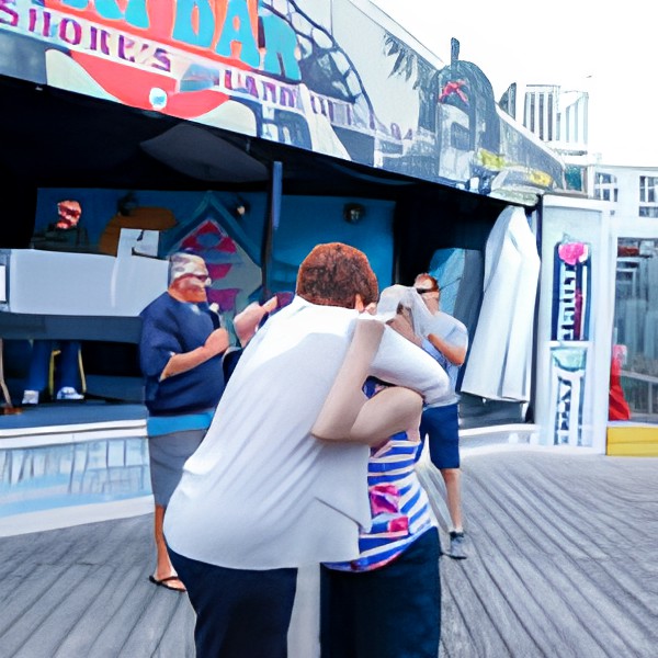 Two people sharing a hug in front of a stage outdoors.