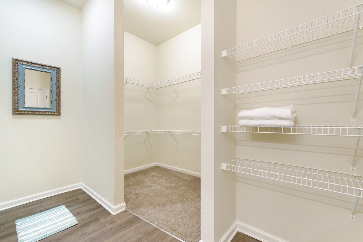 Spacious walk-in closet with shelving and ample storage space.