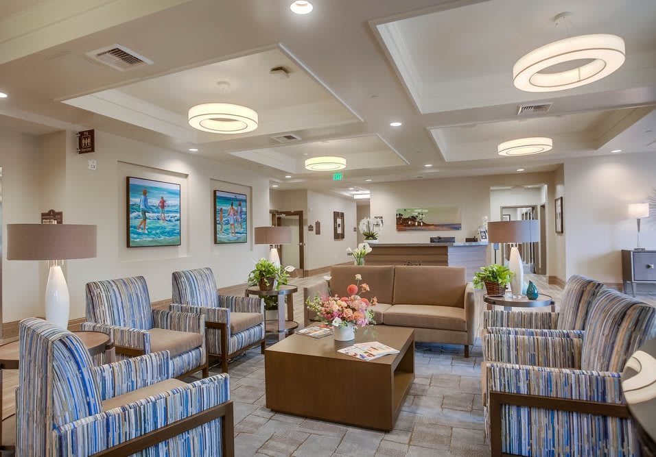 A modern lobby with comfortable seating and stylish decor.