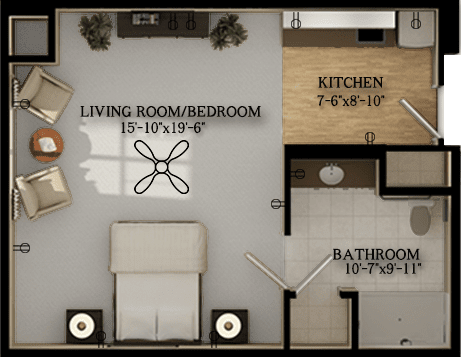 A floor plan of a studio apartment featuring a combined living room and bedroom, kitchen, and bathroom.