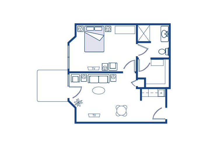 This image is a floor plan of a one-bedroom apartment, showcasing the layout including a bedroom, bathroom, kitchen, and living area.