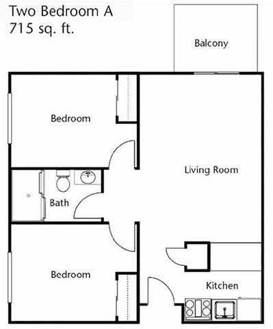 A floor plan of a 713 sq. ft. apartment featuring two bedrooms, a bathroom, a living room, a kitchen, and a balcony.