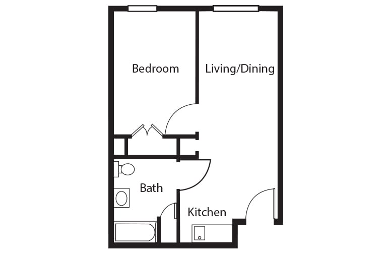 A simple floor plan of a one-bedroom apartment, featuring a living/dining area, kitchen, and bathroom.
