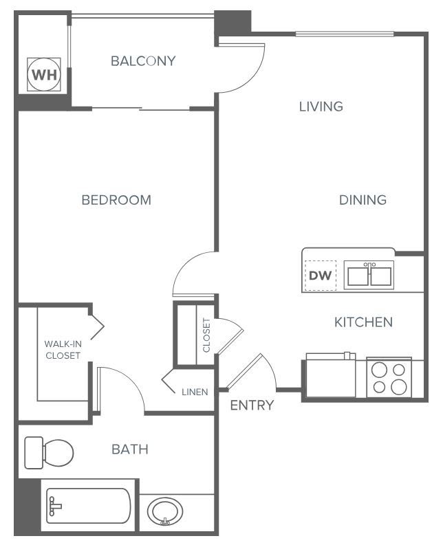 One-bedroom apartment floor plan with living room, kitchen, bathroom, and balcony.