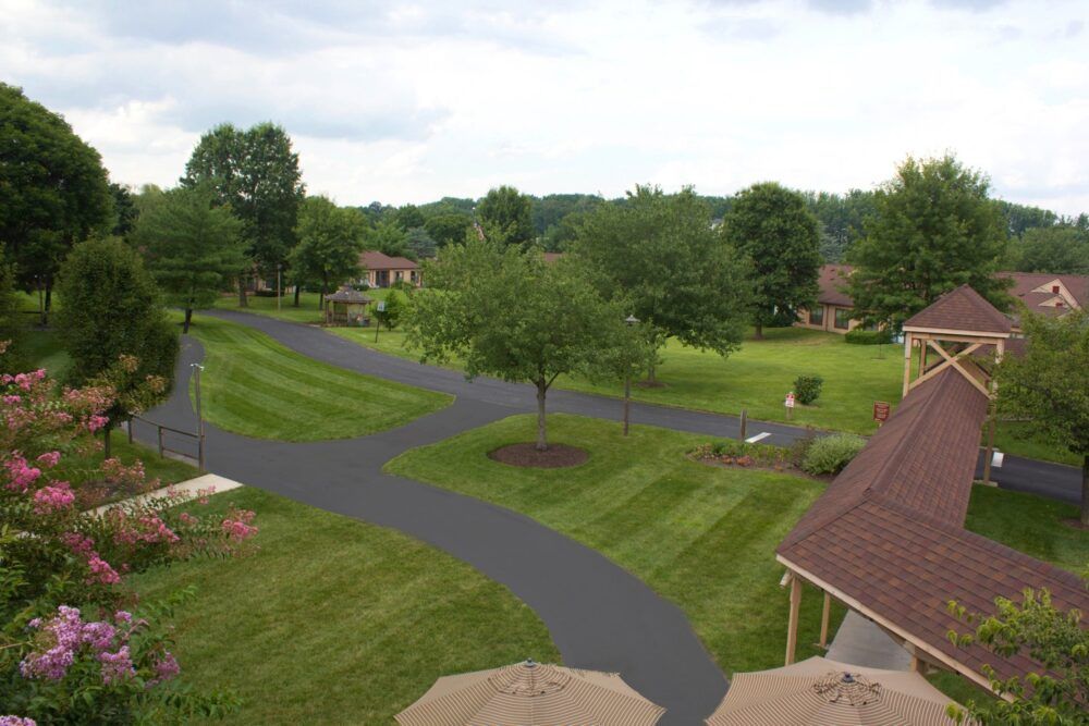 A scenic view of a suburban residential area with a neatly paved driveway and well-maintained lawns.