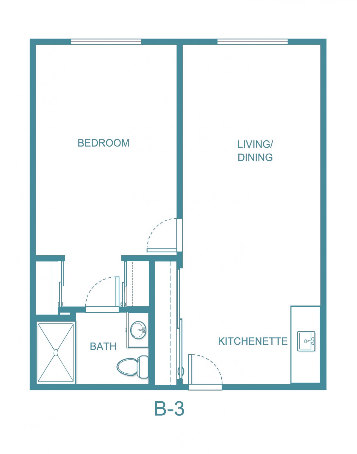 One-bedroom apartment floor plan with bath, kitchenette, and living/dining area.