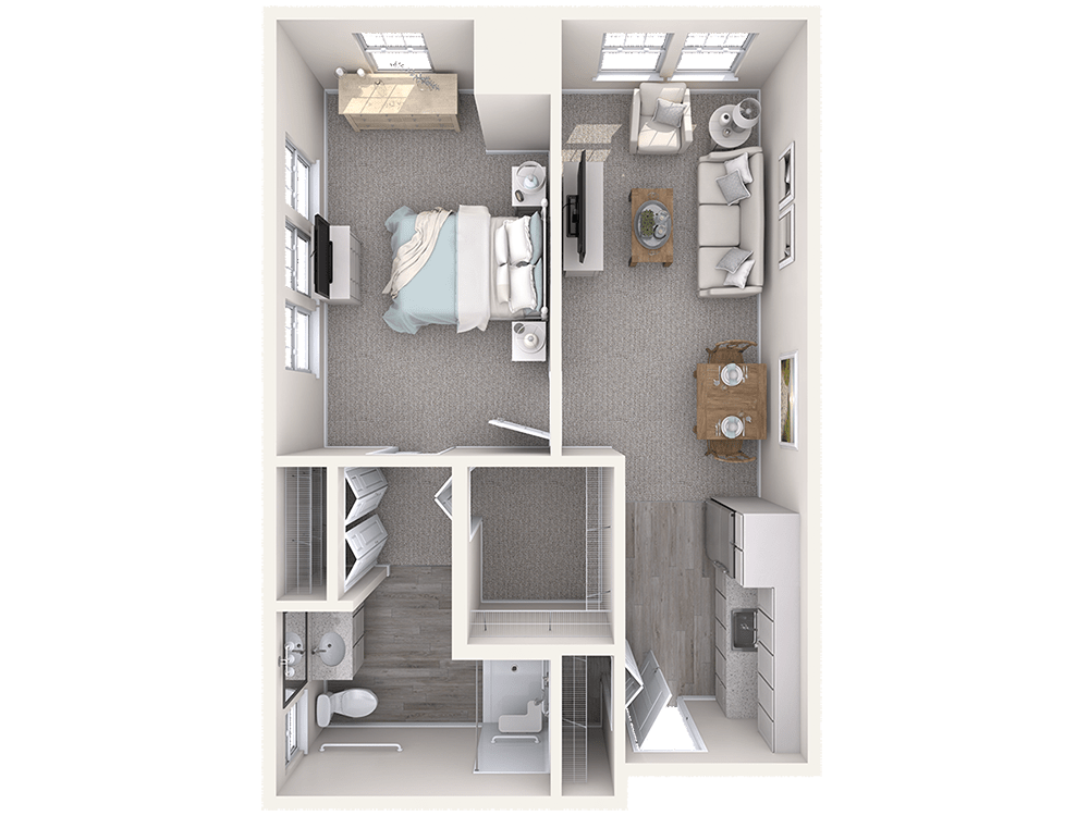 3D floor plan of a one-bedroom apartment featuring a living room, kitchen, and bathroom.