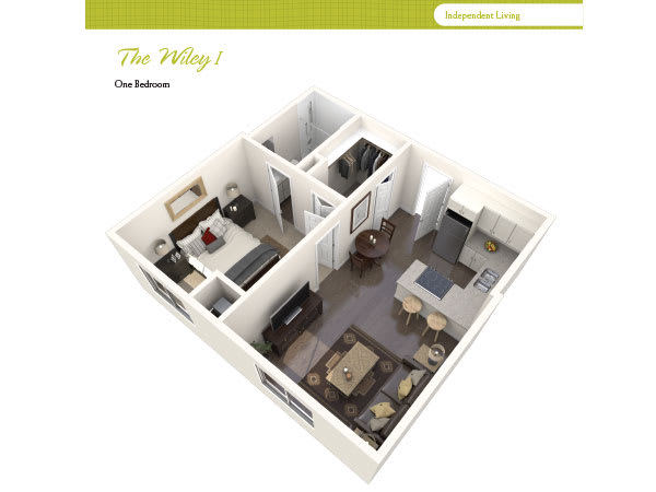 3D floor plan of a one-bedroom apartment with kitchen, living room, and bathroom.