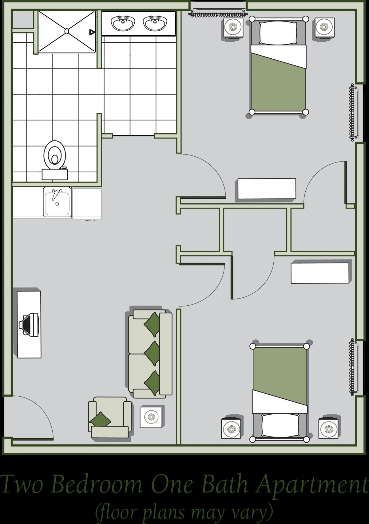 A simple two-bedroom apartment floor plan with a living room, kitchen, and bathroom.