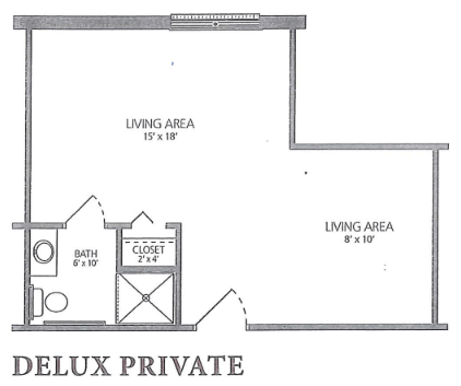 A blueprint of a deluxe private living space, featuring two distinct living areas and a bathroom.