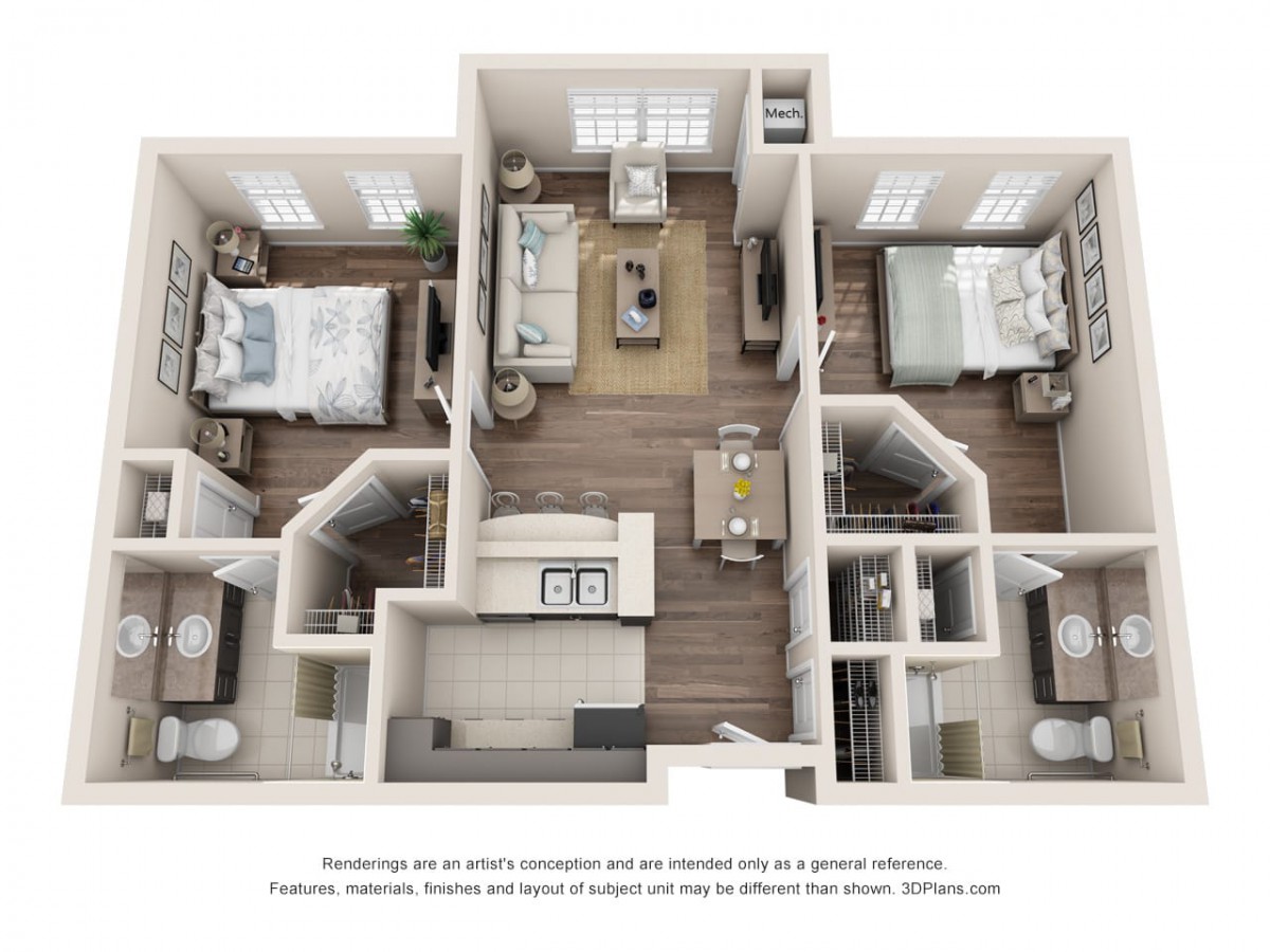A 3D-rendered floor plan of a two-bedroom apartment, featuring an open kitchen and living area.
