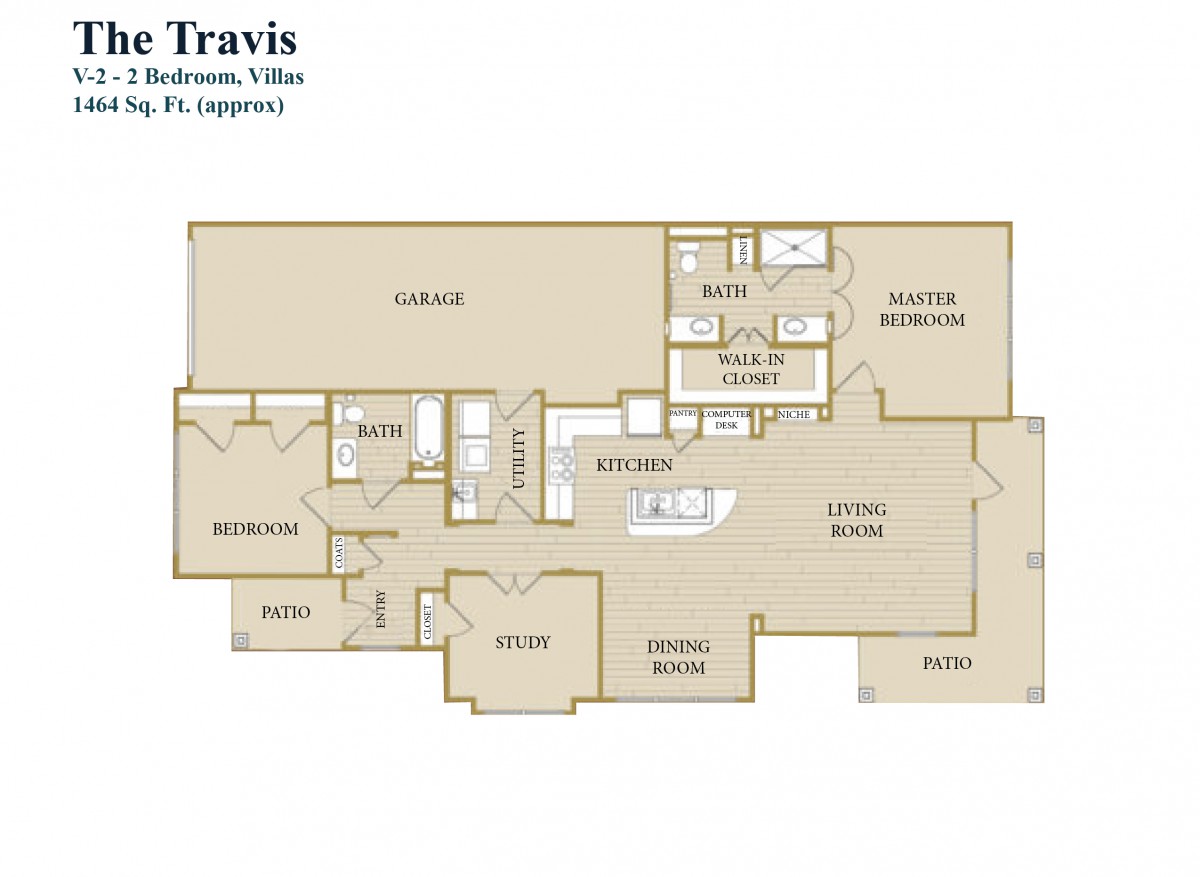 Floor plan of a three-bedroom villa apartment with detailed room labels.