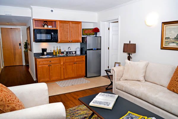 A cozy apartment with a small kitchenette and comfortable living room area.