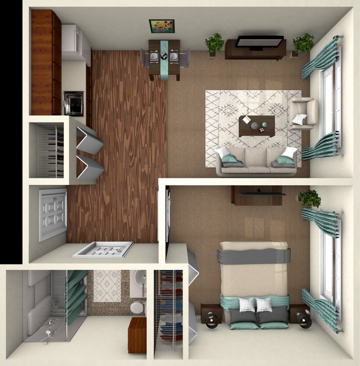A modern apartment floor plan featuring a living room, kitchen, and bedroom.