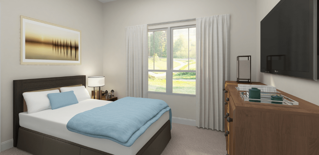 A minimalist bedroom with a neatly made bed, large window, and simple furnishings.