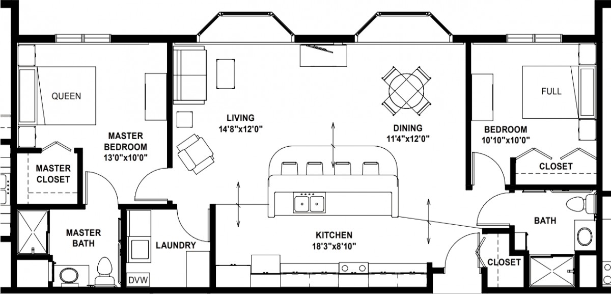 Open concept floor plan with a living room, dining area, and kitchen.