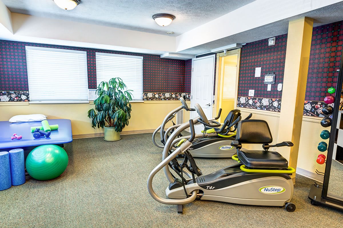 A small gym with exercise equipment, including a treadmill and stationary bike.