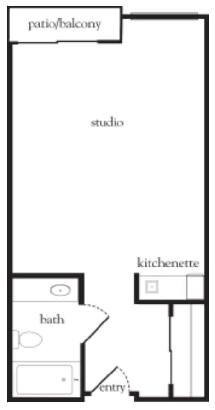 A floor plan of a studio apartment featuring a main studio area, a kitchenette, and a bathroom.