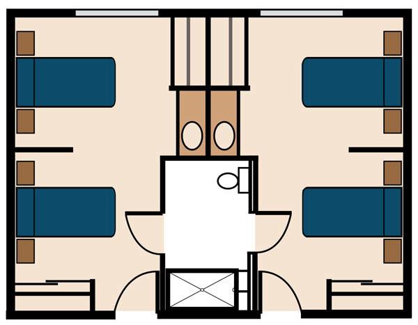 A floor plan showing two separate sleeping areas with bunk beds, divided by a central bathroom.